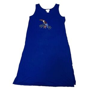 L Desert Shores Women’s 100% Cotton Blue Embroidered Toucan Midi Dress Summer